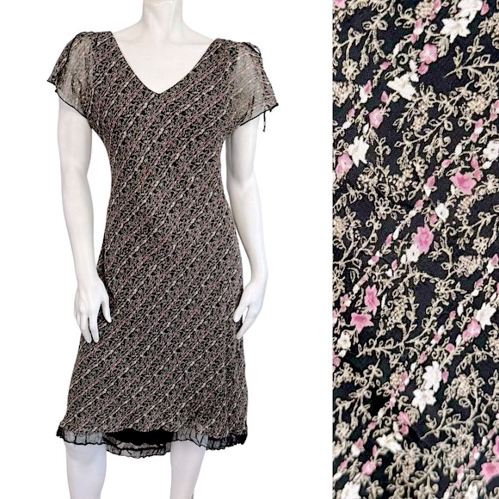 VINTAGE Y2K Split Flutter Sleeve Black Pink Floral Byas Cut Knee Dress